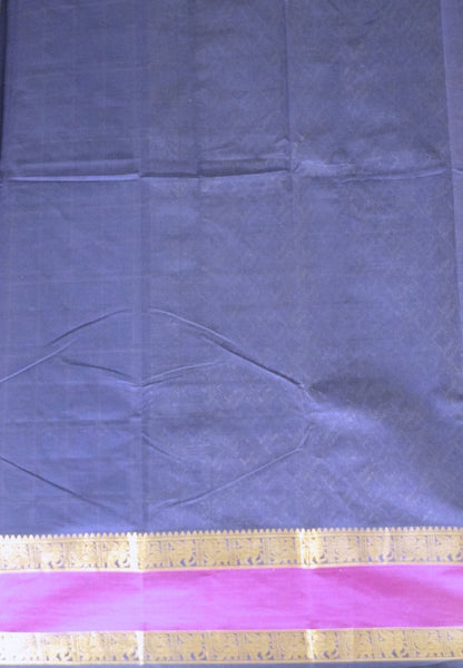 Chettinad Cotton Saree–Navy Blue With Thread Checks Annapakshi Zari Border