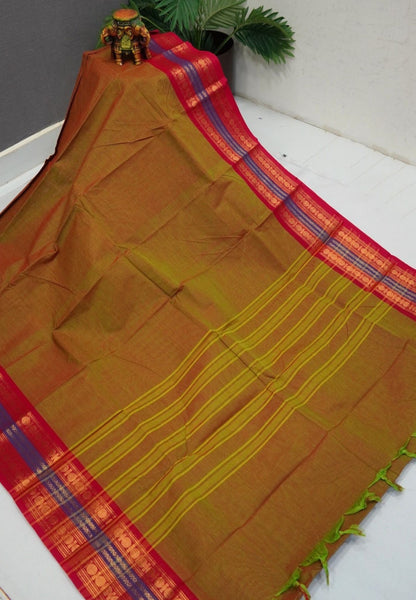 Kanchi Cotton Saree-Mehendi Green-Red With Rudraksh Border