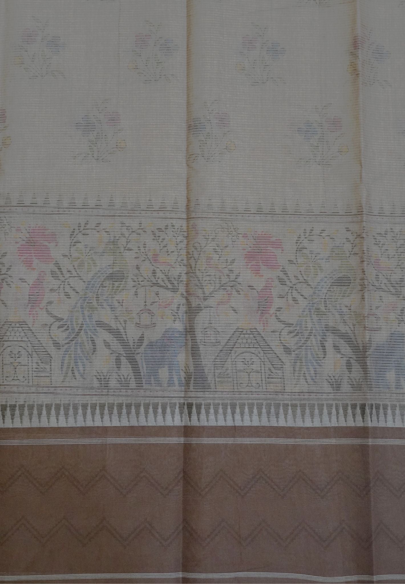 Pure Cotton Saree-Cream with Grey in Peacock Grove Pattern
