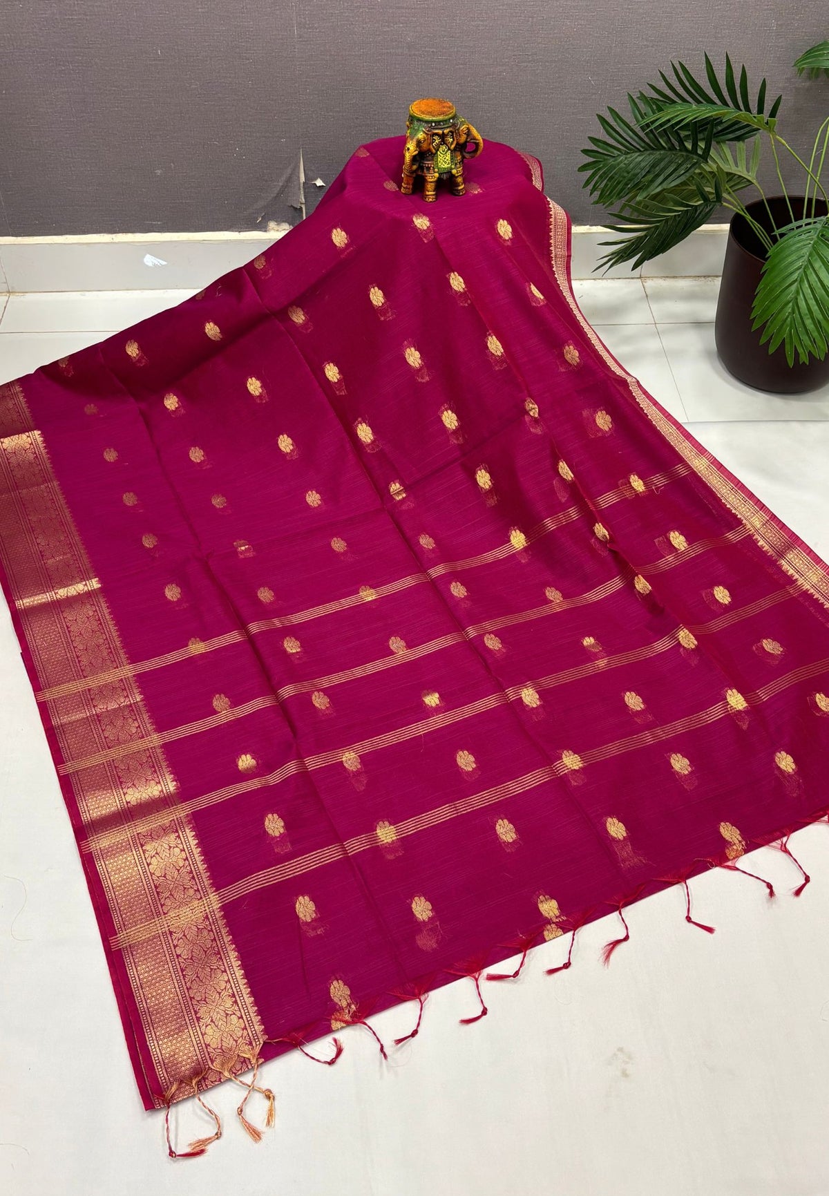 Cotton Saree-Rani Pink In Floral Zari Stripe Border