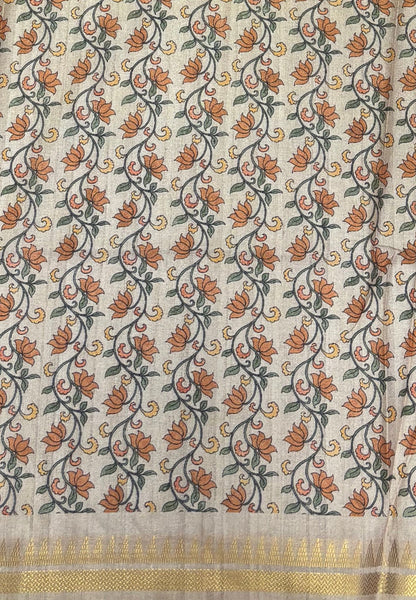 Semi Tussar Saree-Pink in Madras Checks with Peacock Floral Border
