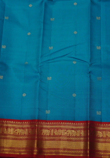 Pure Korvai Kanchipuram Silk Saree-Turquoise blue-Orange with peacock butta