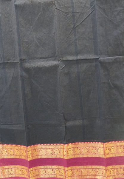 Chettinad Cotton Saree-Space Blue With Peacock & Floral Zari Border