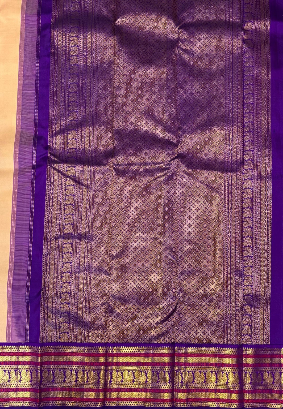 Pure Kanchipuram Silk Saree-Ivory in Peacock Feather Zari with Contrast Border