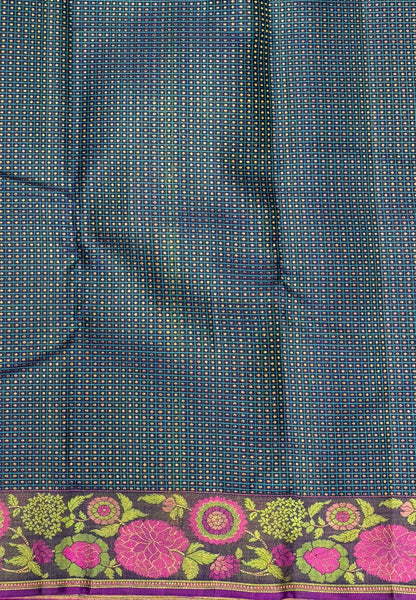 Pure Kanchipuram Silk-Peacock Blue in Floral Chakram Zari Border