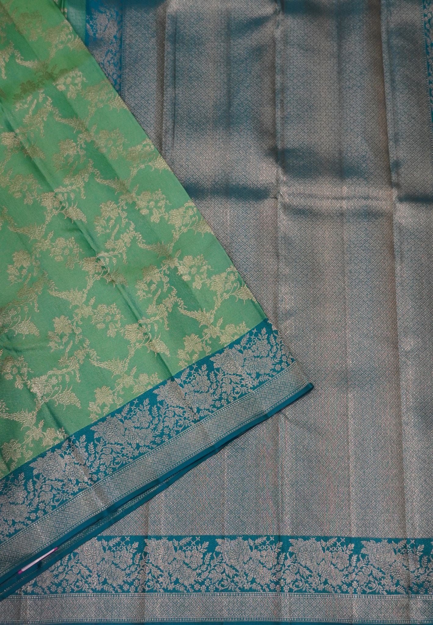 Pure Kanchipuram Silk Saree- Sea Green-Blue with Zari Creeper