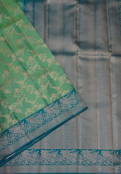 Pure Kanchipuram Silk Saree- Sea Green-Blue with Zari Creeper