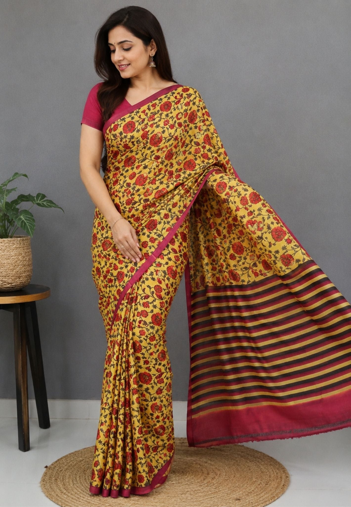 Pure Tussar Saree-Yellow in Floral Pattern