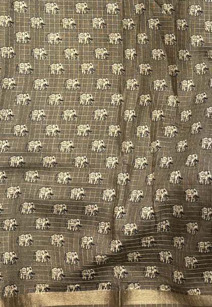 Chanderi Saree-Greyish Blue in Elephant Checks Border