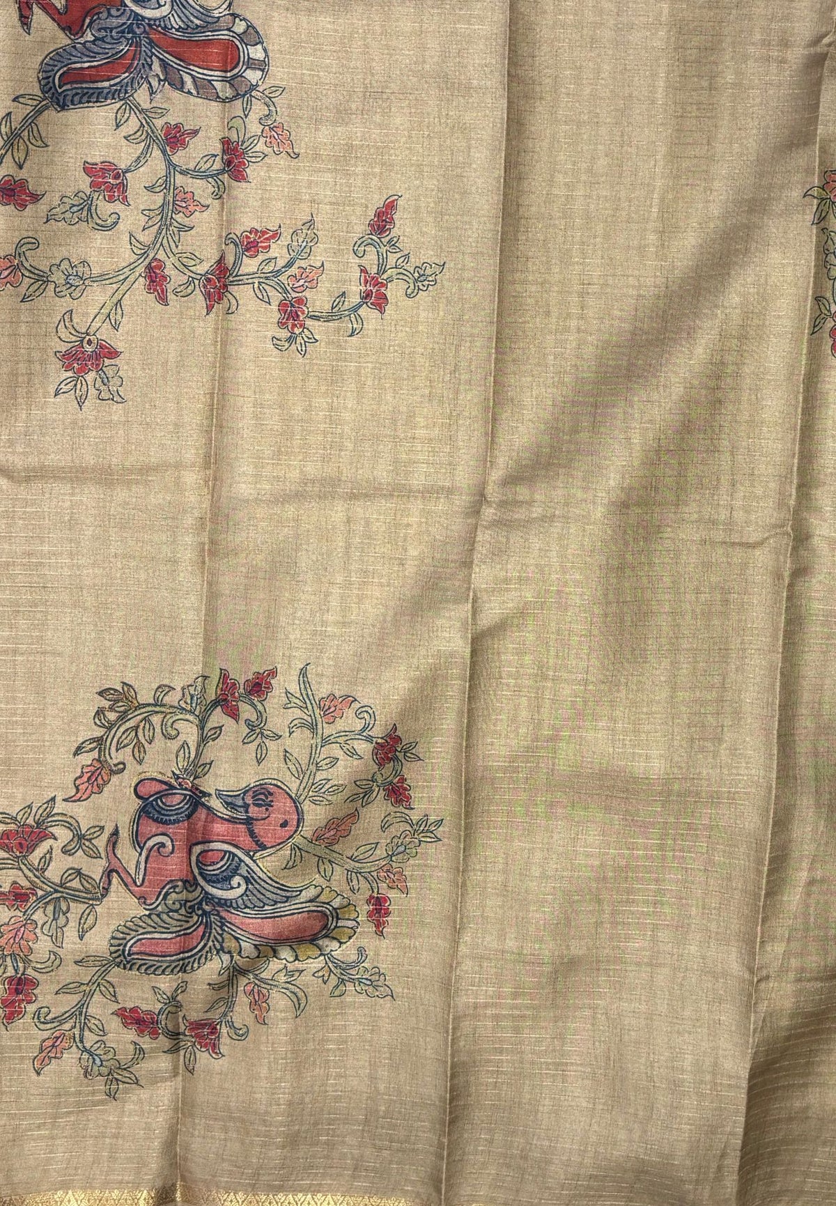 Soft Tussar Saree-Peacock Blue In Kalamkari Peacock Border