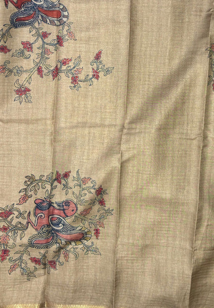 Soft Tussar Saree-Peacock Blue In Kalamkari Peacock Border