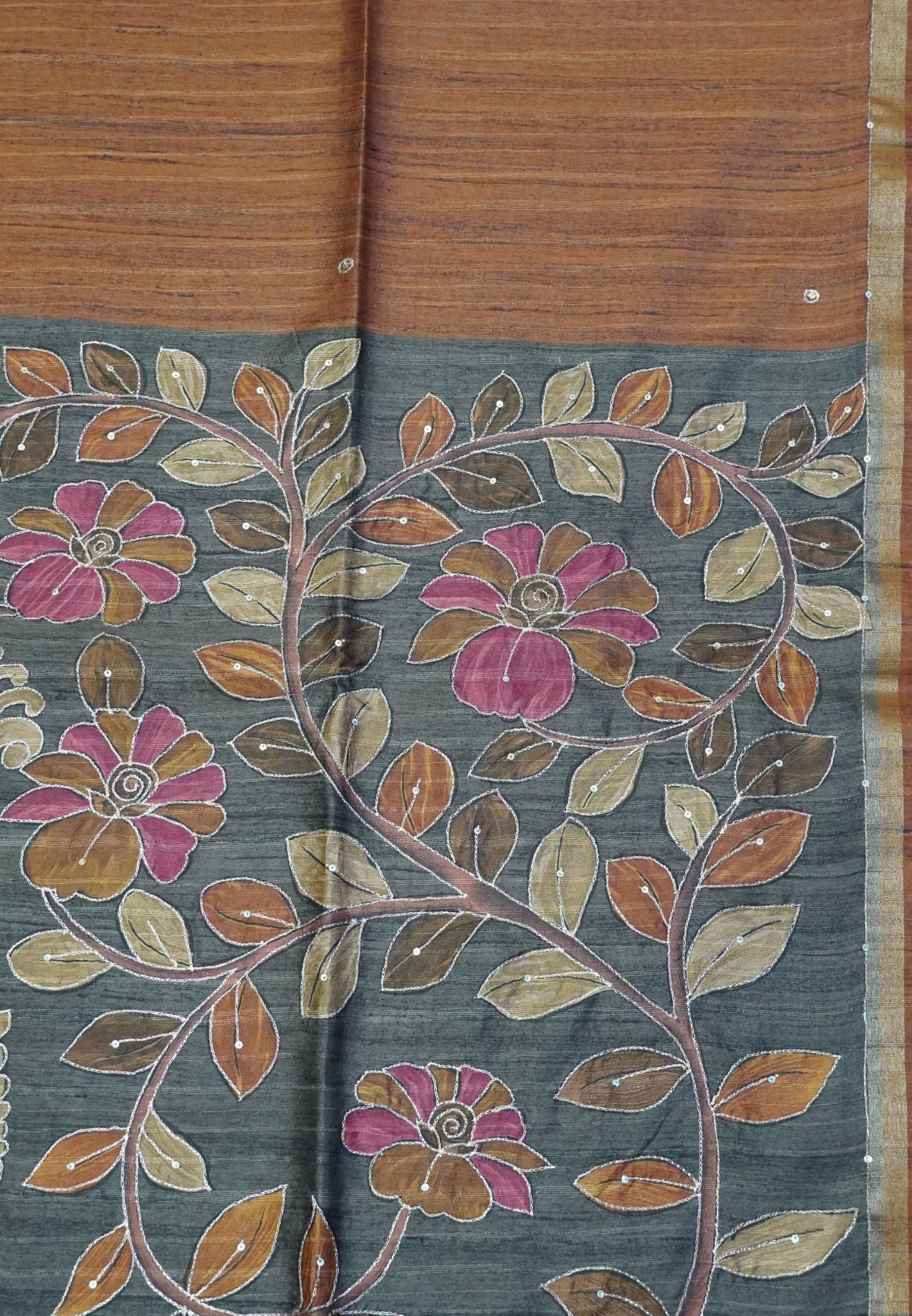 Semi Tussar Saree - Mayil Katch Work Mustard