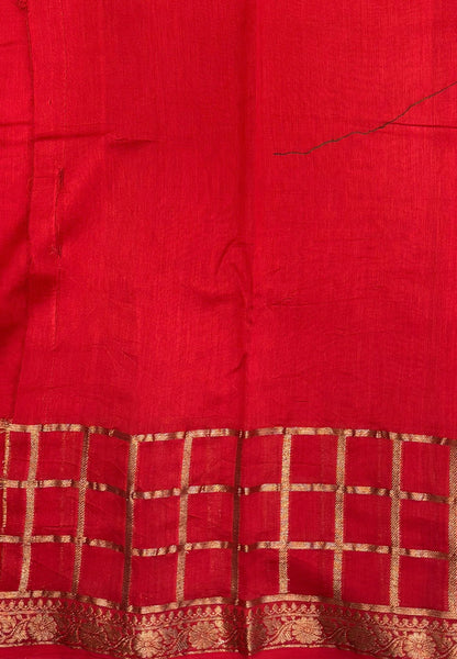 Semi Chinya Silk Saree-Rust Orange In Checkered Zari Border
