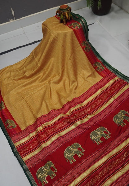 Dola Saree-Yellow with Contrast Elephant Border