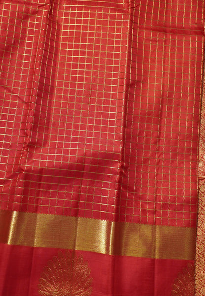 Pure Kanchipuram Silk Saree-Red Zari checks with Peacock Border