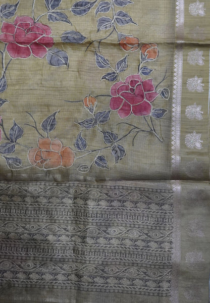Tissue Linen Saree-Olive green with Floral Kutch Work