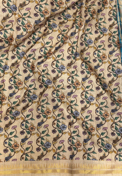Semi Tussar Saree - Blue Madras Checks With Floral Designs