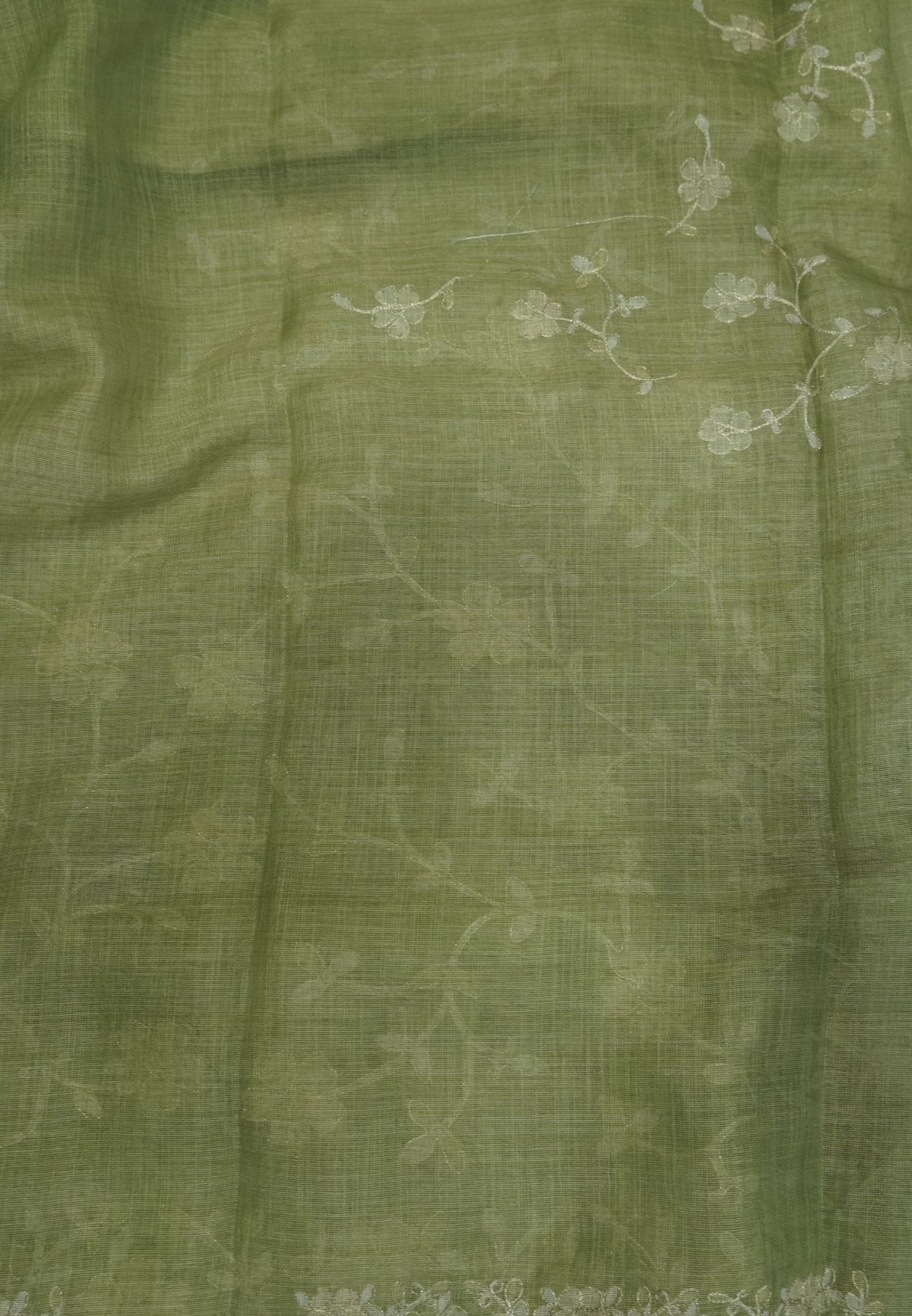 Tissue Linen Saree - Green With Floral Embroidery