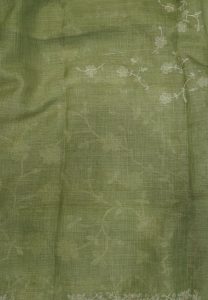 Tissue Linen Saree - Green With Floral Embroidery