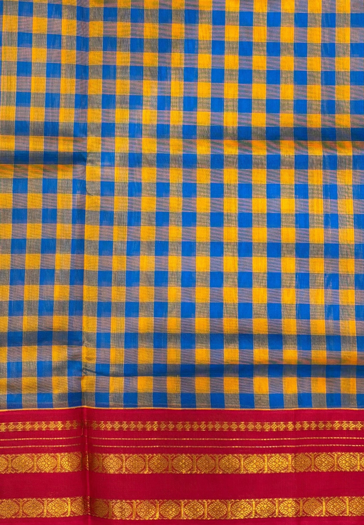 Pure Silk Cotton Saree–Sulphate Blue in Checked Zari with Contrast Border