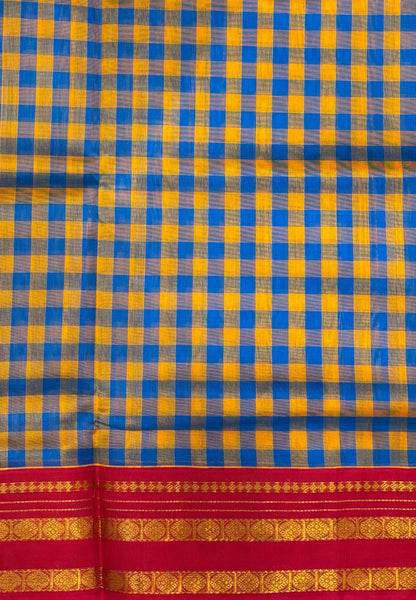 Pure Silk Cotton Saree–Sulphate Blue in Checked Zari with Contrast Border