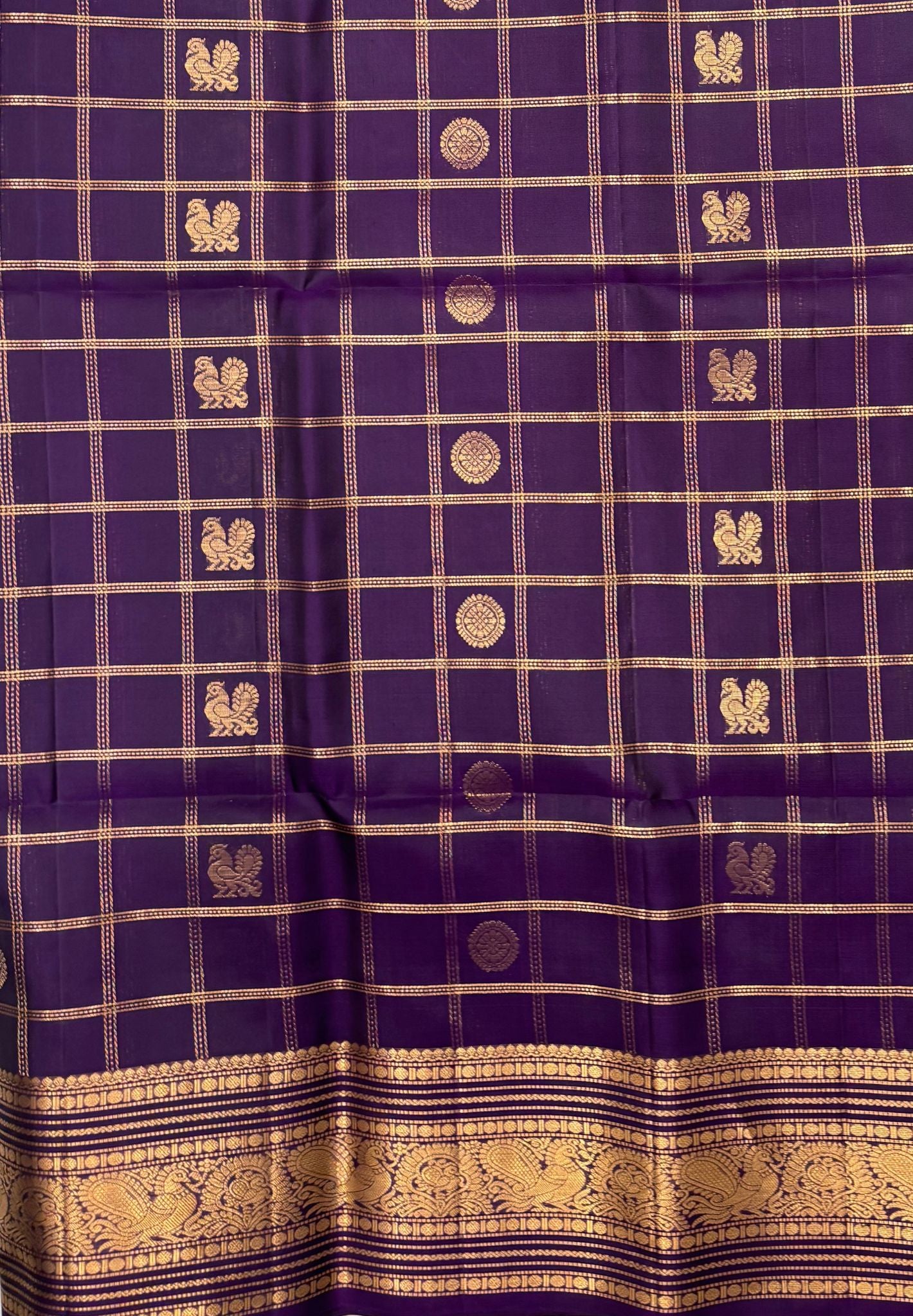 Pure Kanchipuram Silk Saree-Dark Purple in Checkered Mayil Chakram with Varisapet Border