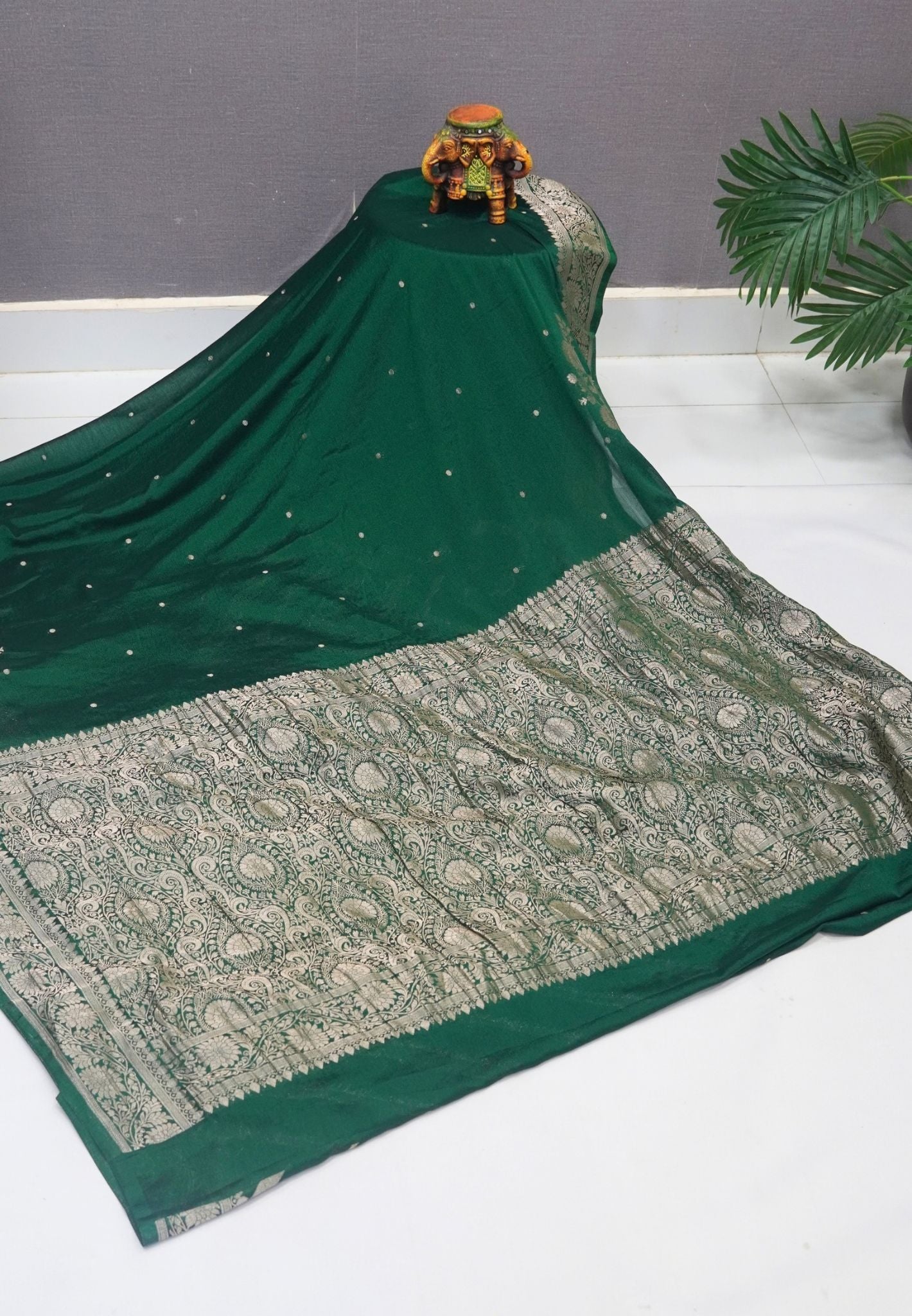 Chinon Silk Saree-Green with Antique Floral Border