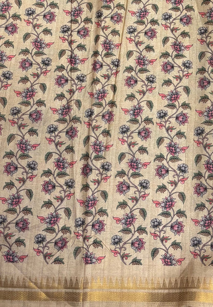 Semi Tussar Saree-Green in Mini Checks Floral Border