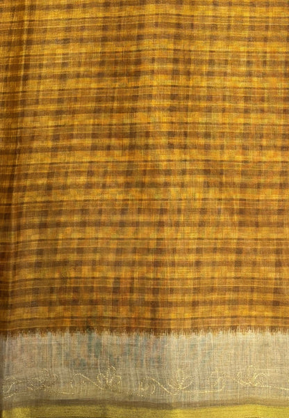 Tissue Linen Saree-Mustard in Traditional Folk Art Printed Border