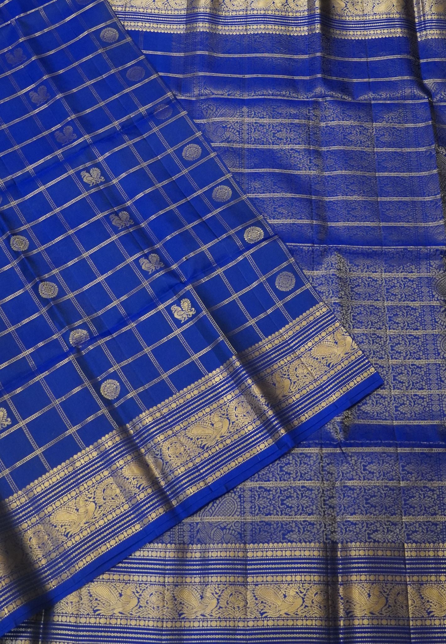 Pure Soft Silk Saree-Royal Blue with Zari Checks and Mayil Chakram Butta