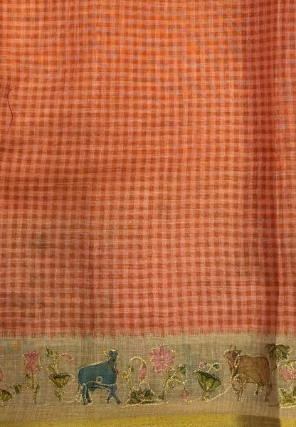Tissue Linen Saree-Orange in Pichwai Art Printed Border