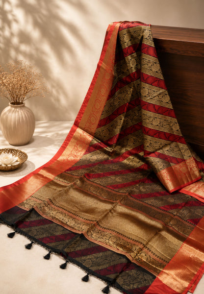 Semi Raw Silk Saree-Red with Black