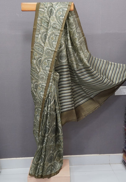 Pure Tussar Saree-Light Metalic Green in Paisley Pattern