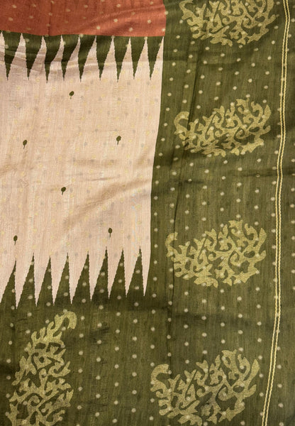 Soft Tussar Saree-Beige-Olive Green In Zigzag Temple Inspired Border
