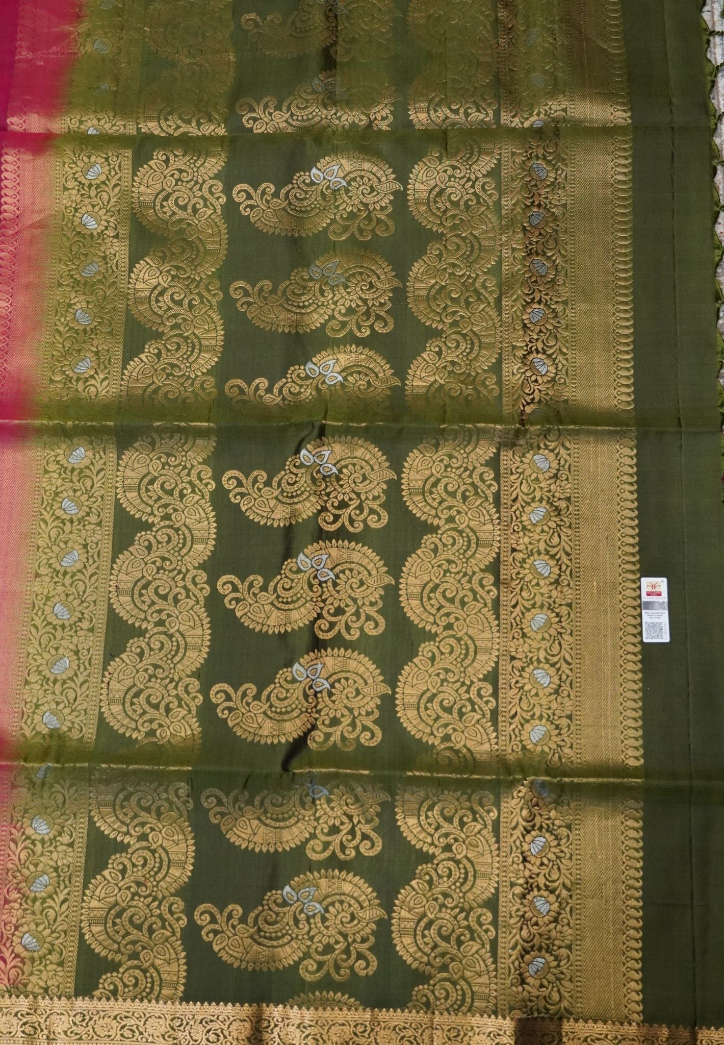 Pure Kanchipuram Silk Saree Rich Paisley Zari Weave Magenta-Olive Green