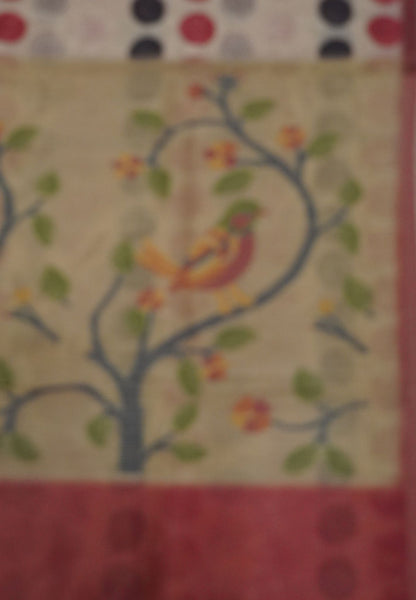 Chanderi Silk Saree - Sandal with polka dots and jamdhani pallu