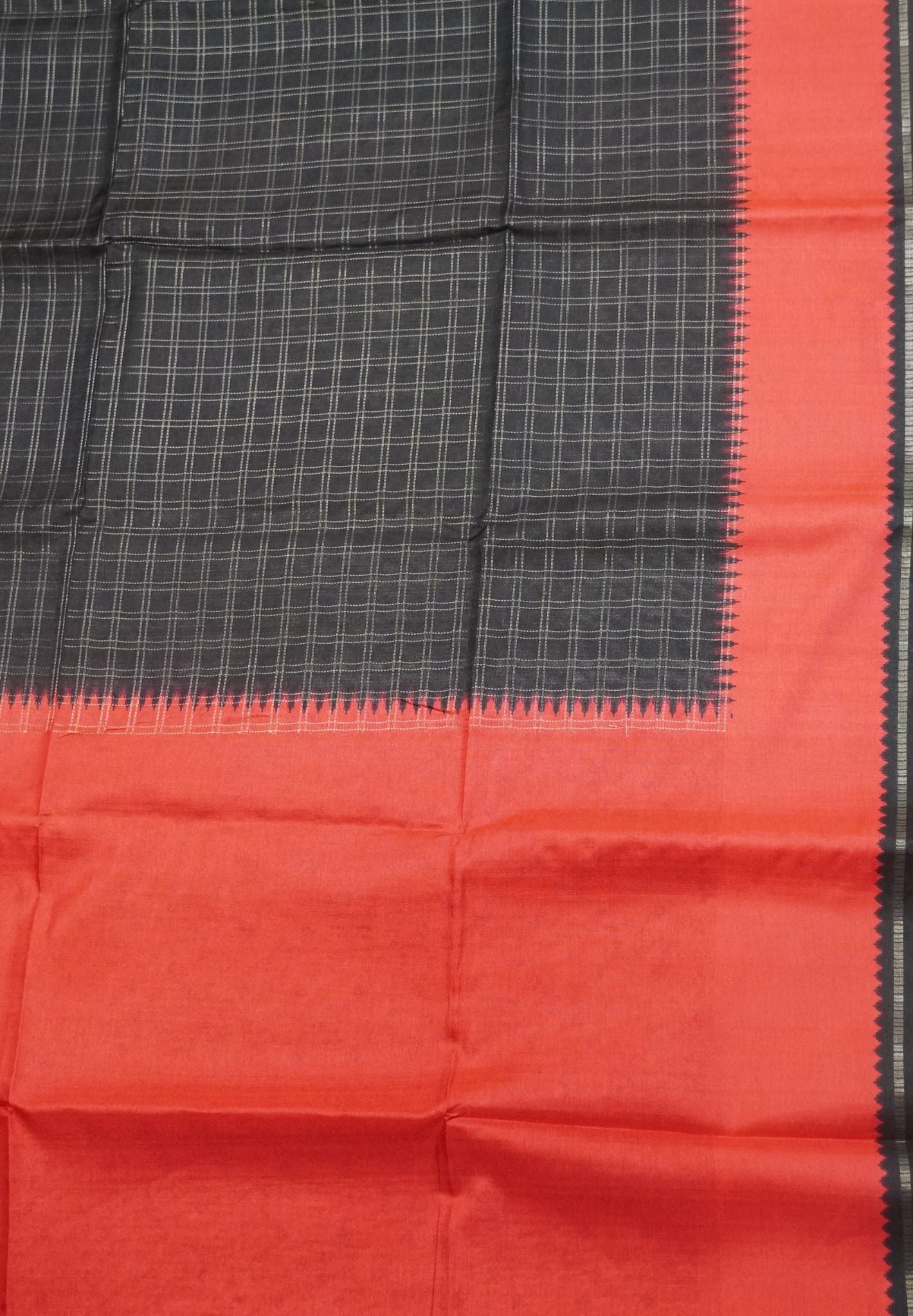 Semi Matka Tussar Saree-Black with Contrast Border and Zari Checks