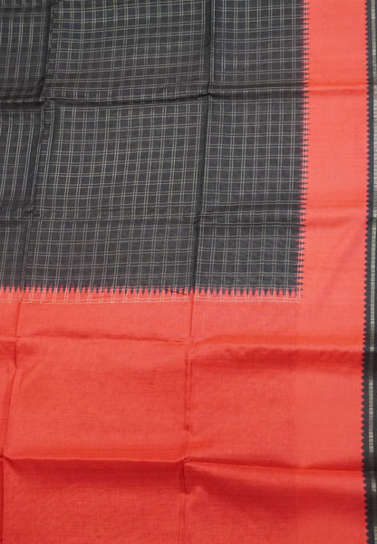 Semi Matka Tussar Saree-Black with Contrast Border and Zari Checks