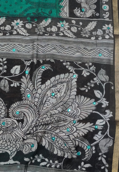 Malai Cotton Saree-Green Mirror Work with Annam border