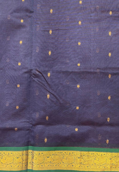 Silk Cotton Saree–Slate Blue-Green in Mini Buttas with Contrast Border