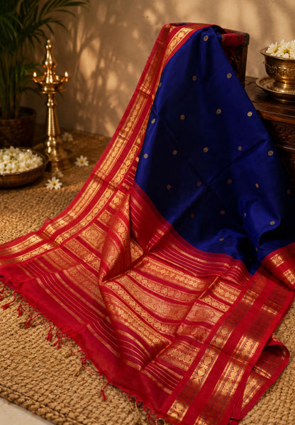 Silk Cotton Saree-Navy Blue-Red