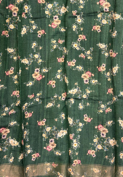 Pure Organza Tussar Saree-Green In Striped Zari Border