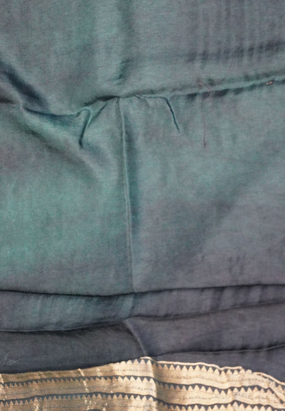 Satin Tussar Saree-Peacock Blue with Checked Elephant Border