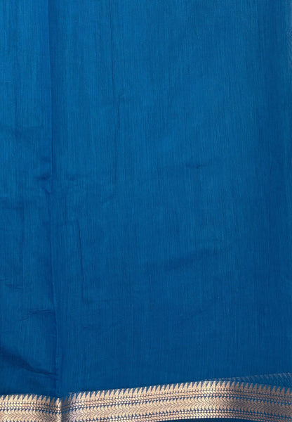 Handloom Cotton Saree-Peacock Blue In Broad Plain Zari Border