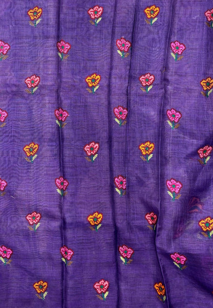 Tissue Linen Saree-Purple In Cross Stitch Floral Border