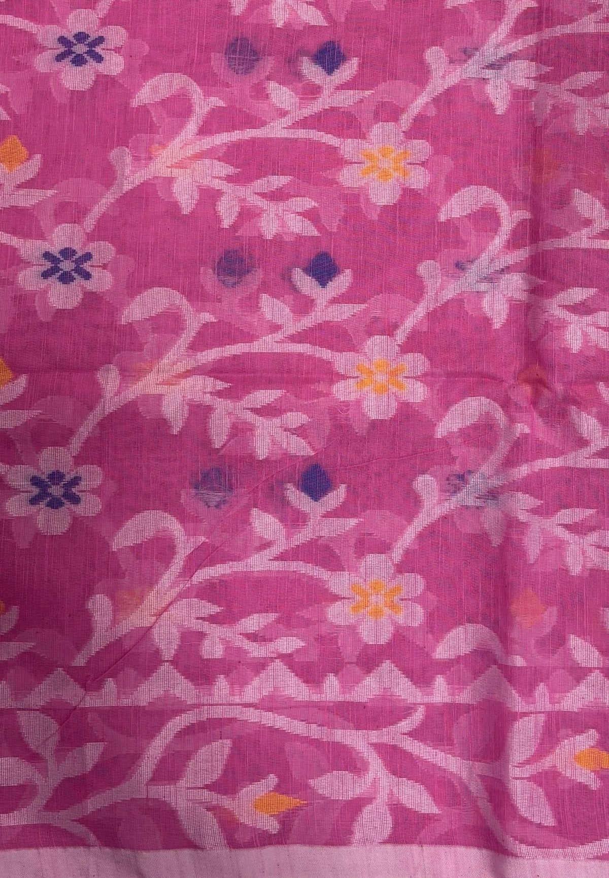 Dhakai Jamdhani Cotton Saree-Pink In Floral Vine Zari Border