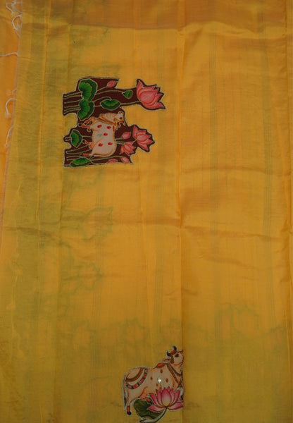 Pure Mangalgiri Silk Saree-Yellow in Tanjore Print with Aplique Work