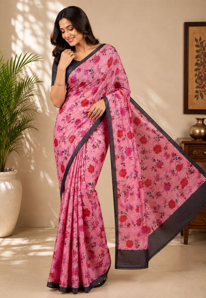 Pure Tussar Saree-Baby Pink in Floral Pattern