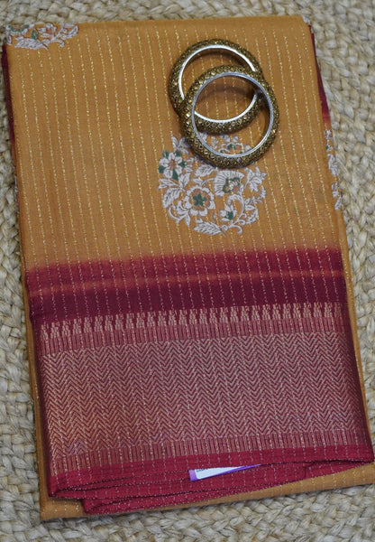 Semi Dola silk saree-Light orange with zari lines