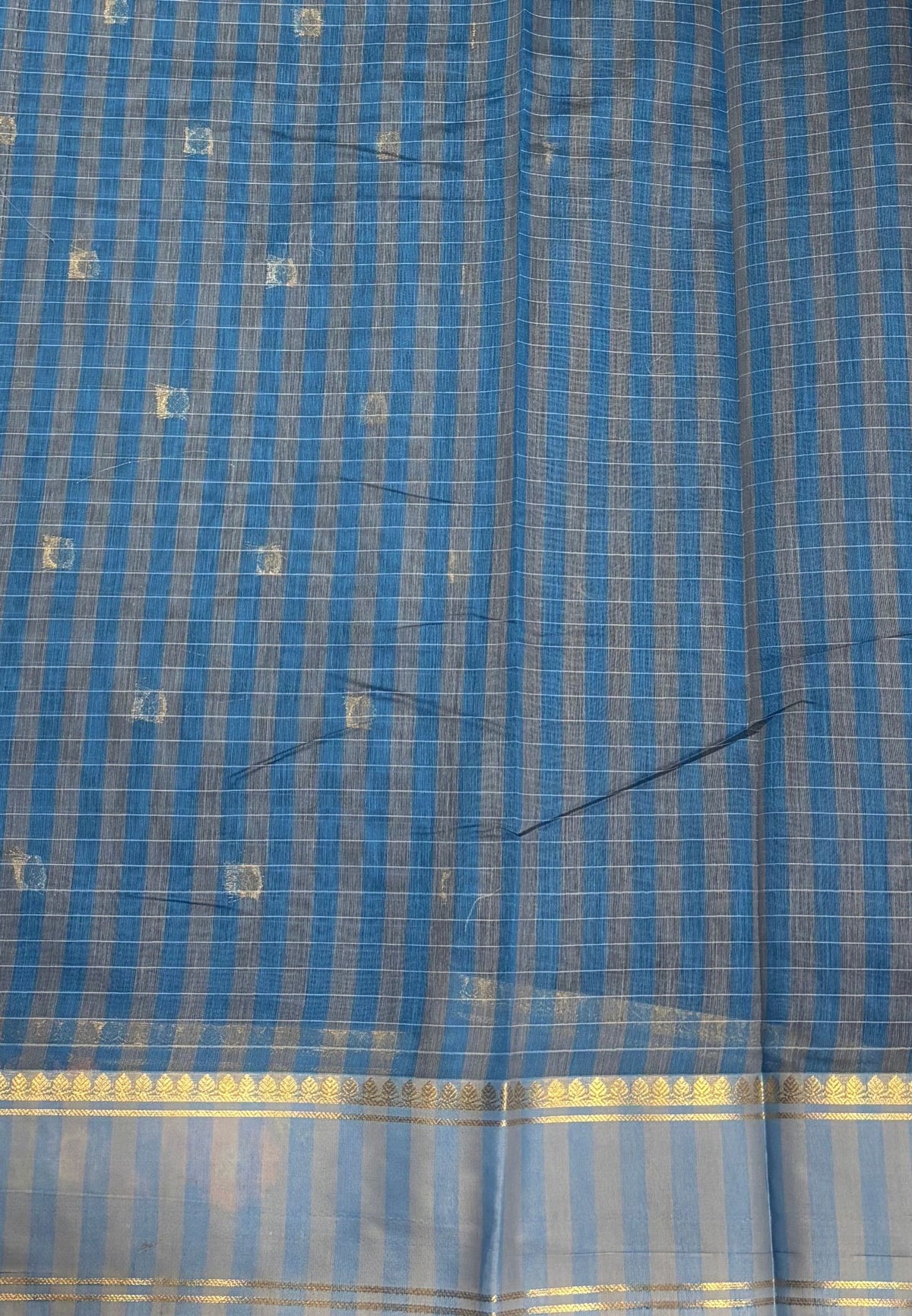 Handloom Cotton Saree-Sulphate Blue in Floral Vine Border with Zari Stripes